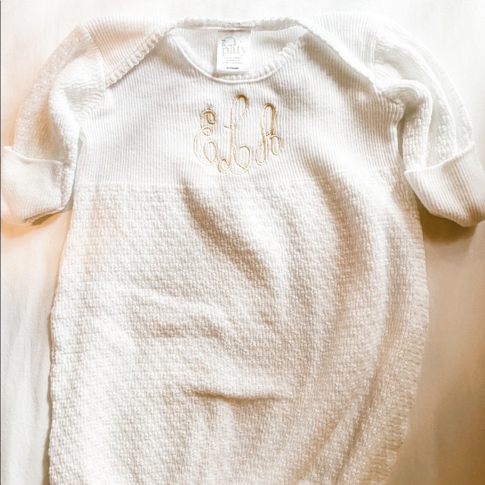 Paty gown NB white w/ ivory ELA monogram. EUC.